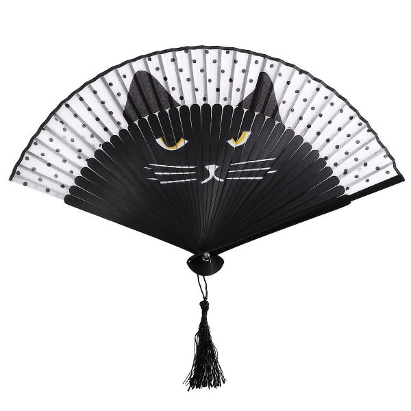 Vorcool Women's Cartoon Cat Folding Silk Fan Handheld Fan (Black)