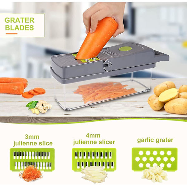 Grönsaksskärare med 8 rostfria blad, 13 i 1 med avrinningskorg