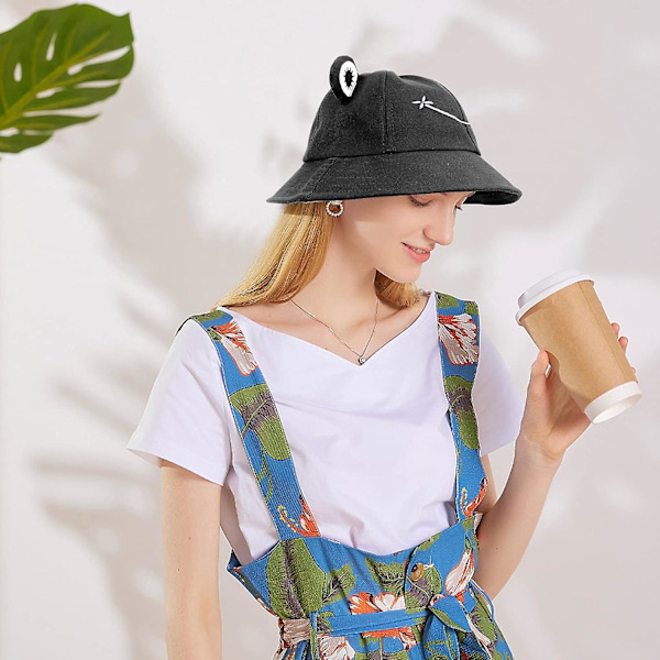 Groda hatt hink solhatt för kvinnor groda hink hatt sommar utomhus hopfällbar andningsbar hink hatt för kvinnor-svart-barn: 51-53 cm