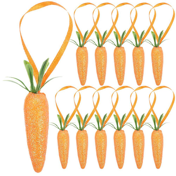 12-pack påskmorots hängande prydnader påskdekoration konstgjorda glittermorötter (9X2,2cm, orange)