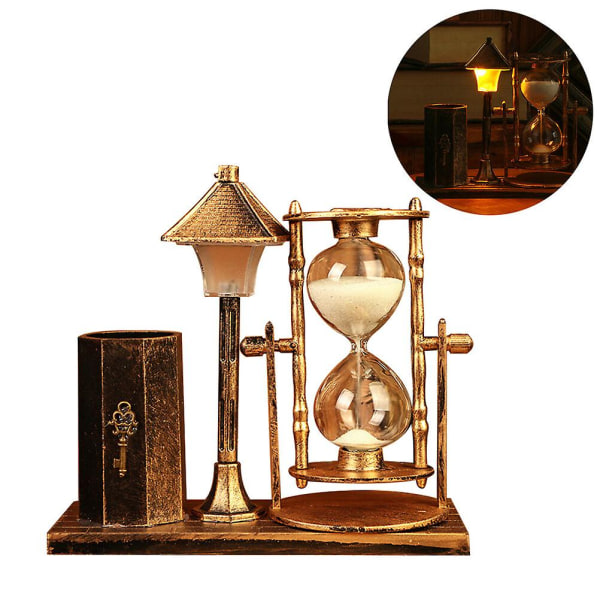 Kreativ timeglass antikk gatelampe timeglass pennholder utsøkt nattlys stasjonær håndverksgave (gull tilfeldig stil) (14x15,5 cm, gull)