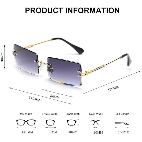 Rimlösa rektangulära solglasögon för kvinnor/män ultralätta metallbågar mode fyrkantiga Uv400 glasögon unisex