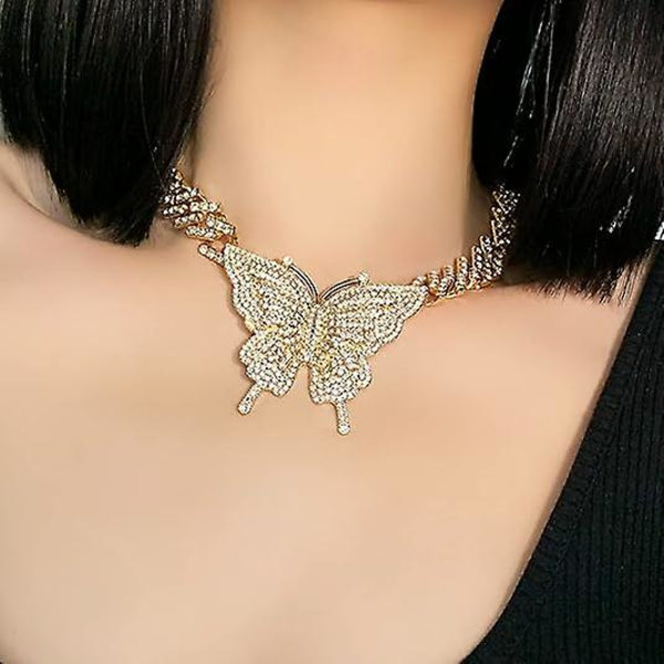 Cubansk lenkekjede Charm Butterfly Halskjeder for kvinner Rhinestone Inlaid Hip Hop Butterfly Cuban Choker Halskjede for jenter