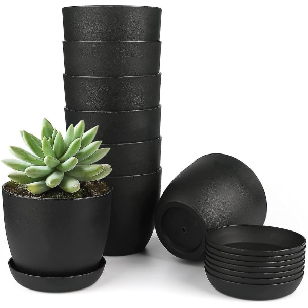 8 stk tykke svarte plastblomsterpotter 10 cm små runde plantepotter med brett