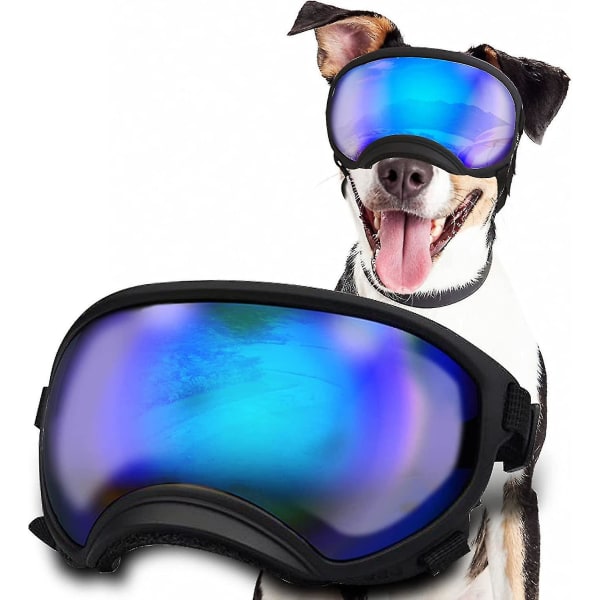 Hundebriller Hunde UV-beskyttelse Solbriller med justerbar rem Hunde Vindtæt anti-dug udendørs kæledyrsbriller yDF（Sort stel x blåt glas）