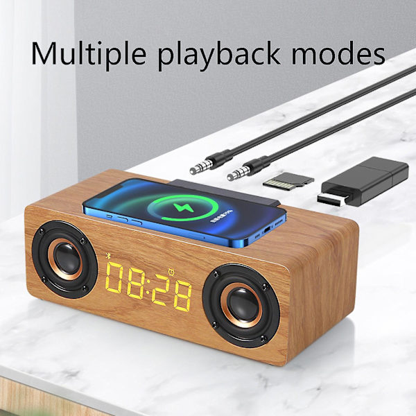 Trådlös Bluetooth-högtalare i trä med multifunktionell klocka, väckarklocka, U-disk, plugin-kort, litet ljud, kraftfull subwoofer, FM (brun)