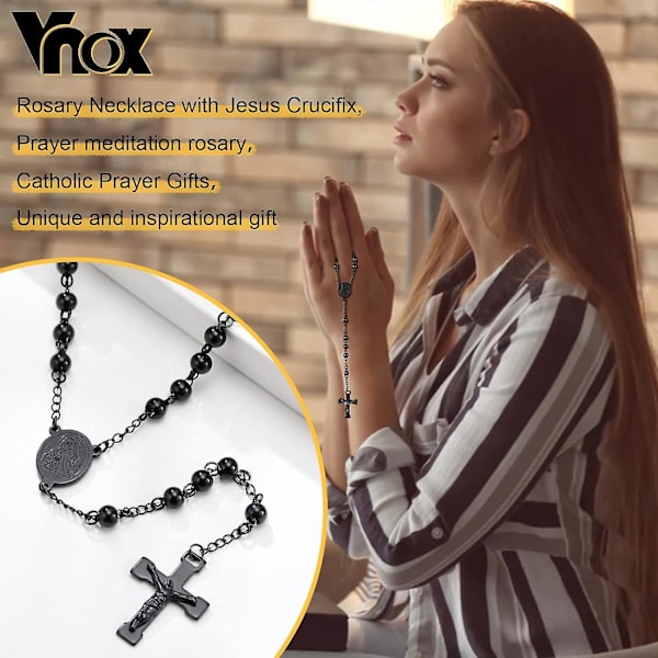 Unisex Svart Rostfritt Stål Lång Rosenkrans Kedja Jesus Kors Katolsk Kors Halsband Svart