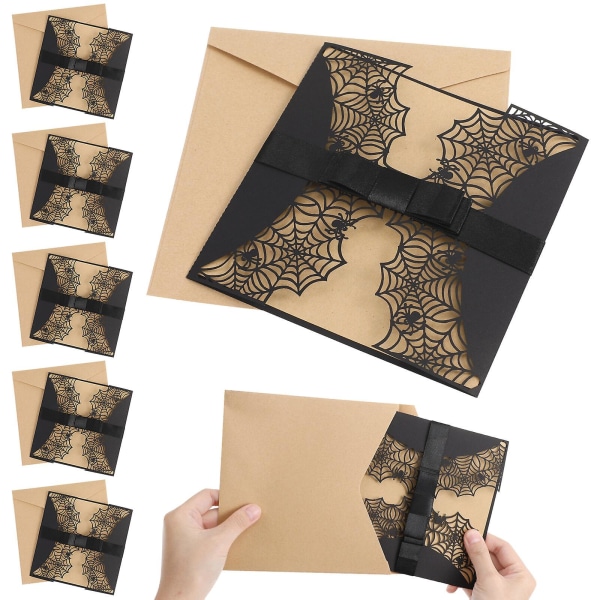 10 kreative snit halloween-invitationer hule horror-festinvitationskort Edderkoppewebdesignkort med sløjfer (sort) (10 ark, sort)
