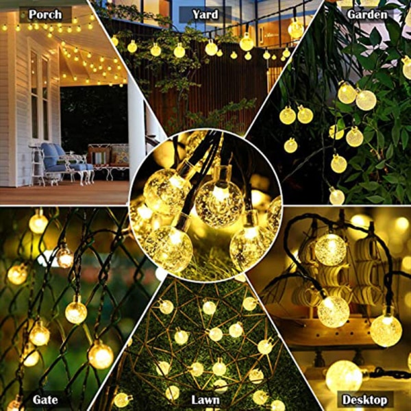 Solcellsladdad 30 LED 20ft kristallkula ljusslinga, 8 belysningslägen, terrass trädgård bröllop uteplats varmt ljus