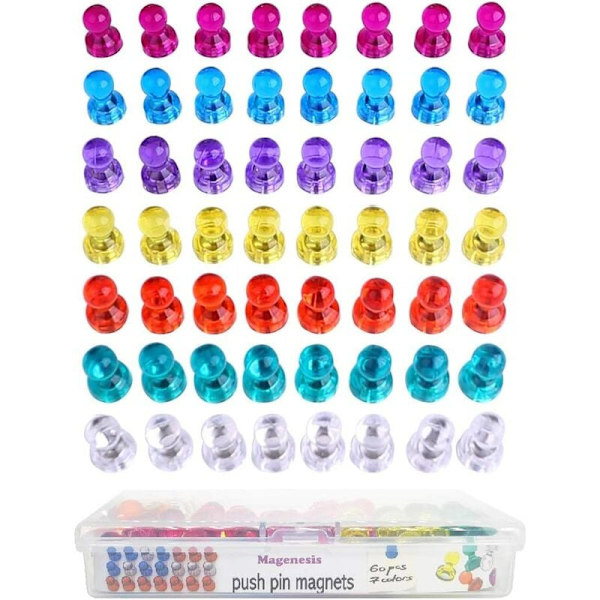 Tryckknappmagneter, 60-pack färger starka magnetiska tryckknappar, perfekta magneter för whiteboards, kylskåp, kartor och kalendrar