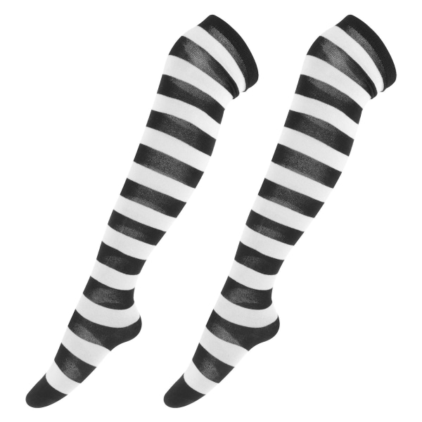 Ett par svartvita bredrandiga strumpor över knäet för kvinnor (svartvita) (M, svart)