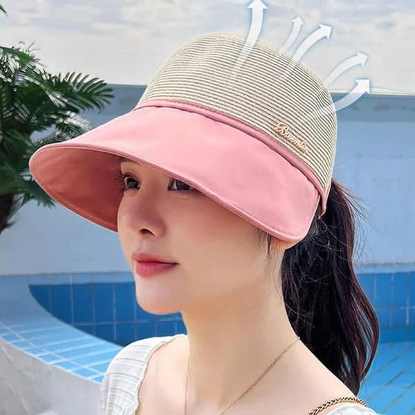 Halmvisirhattar för kvinnor Fällbar damstrand solhatt Sommarhästsvans Packable Travel Sunhat（Rosa）