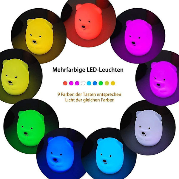 Nattlampa med LED, 9 färger, fjärrkontroll, nattlampa för barn, silikonbälte, touch, ingen