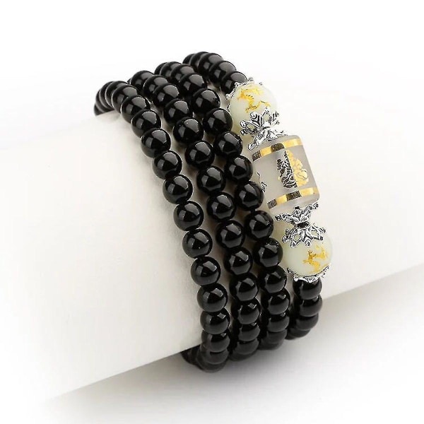 Svart stein Buddha armbånd runde perler med dragemønster stretchy