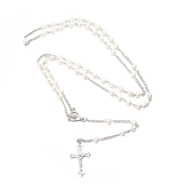 Kristen perle rosenkrans for menn kvinner hellig rosenkrans halskjede med kors suvenir bønn perle halskjede (hvit)