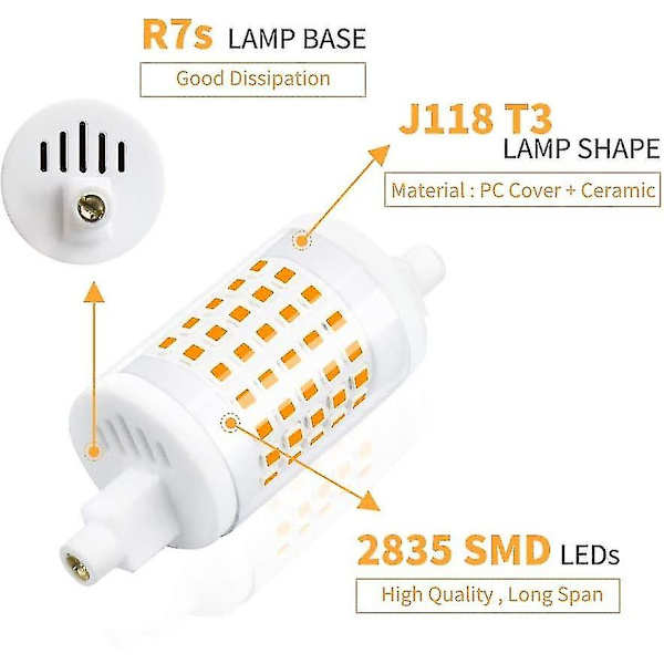 R7s 10w LED-lampa (2-pack) dimbar med Smd2835 LED-chip, keramiskt hölje, 220v 1000lm