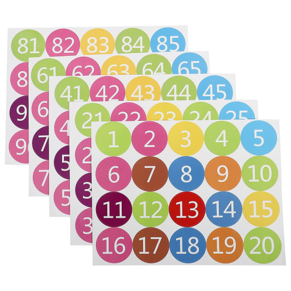 5 ark med fargerike sirkulære tallklistremerker selvklebende vanntette tallklistremerker (26,6X20,5X0,1CM, farge)