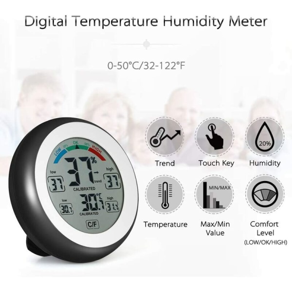 Digital hygrometer, inomhus termometer för rumstemperatur, väggmonterad skrivbordstermometer - Svart