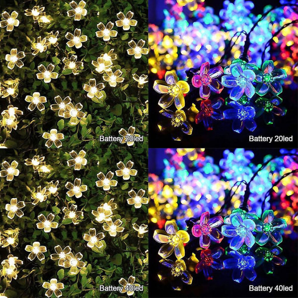 Solar Garden String Light Batteridrevet juleeventyrlys, vanntett blomsterkrans for gateplen uteplass（D，Hvit）