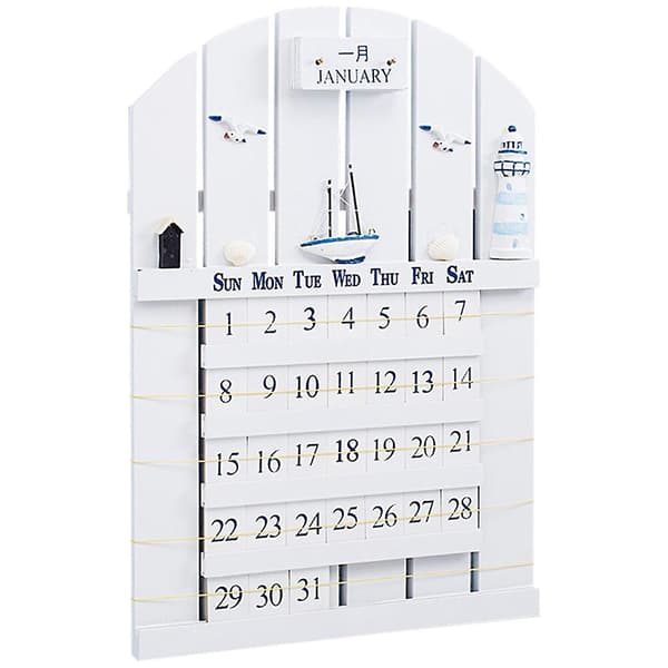 1 st Medelhavsstil kalender trä hem evighetskalender väggkalender (43X30CM, vit)