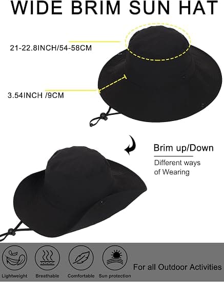 UPF 50+ Svart Vanntett Solid Sammenleggbar Strandbøttehatt med Bred Brem (Unisex)