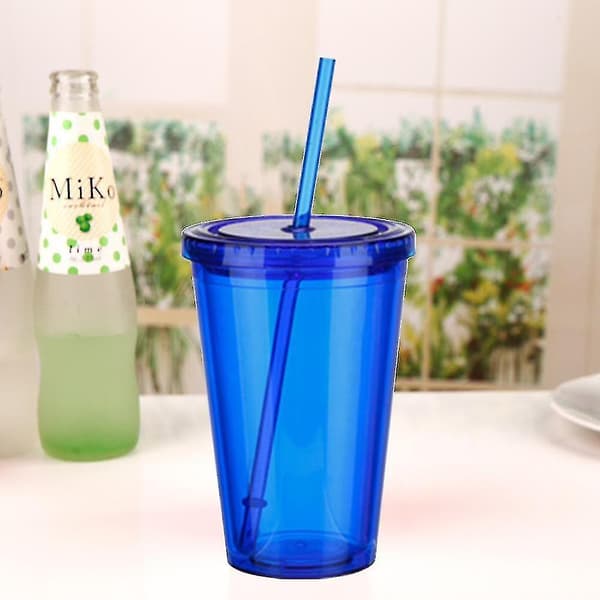 Blå dubbelväggig mugg med och sugrör, plastmuggar