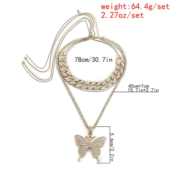 Stor sommerfugl anheng halskjede rhinestone kjede for damer bling lagdeling krystall choker statement halskjede smykker（hvit）