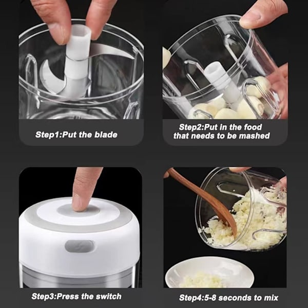 Mini Food Processor: Grøntsags-, Hvidløgs-, Kødhakker, Egnet til Babymad (250ML, Hvid)