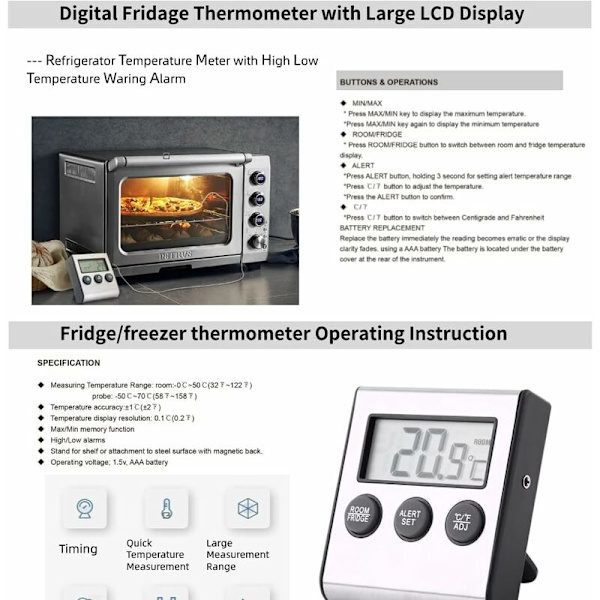 Kyltermometer, digital LCD-termometermonitor med sond 50°C till 70°C