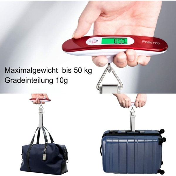 Bagagevåg, bärbar hängande våg med bakgrundsbelyst LCD-display, tareringsfunktion, praktisk för resor/familjeliv, upp till 50 kg (röd)