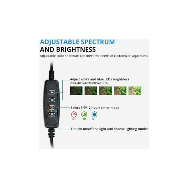 LED-akvarieljus med timerfunktion, nedsänkbar vit och blå belysning, justerbar belysning för fiskakvarium, 4W, 230 LM