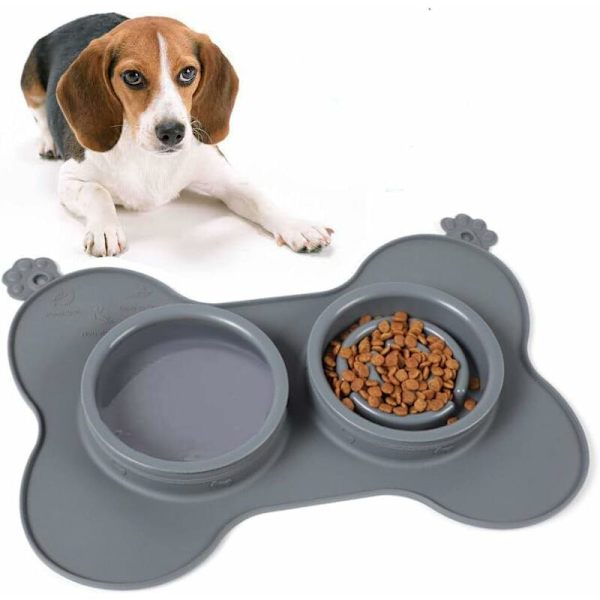 Antiglupsk hund- och kattmatskål med halkfri matta, skål för långsam utfodring, avtagbar vattenskål, grå
