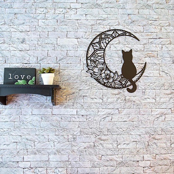 Svart katt och månväggkonst, månfasväggkonst, svart katt på månväggpediment, svart kattväggskulptur för kattälskare（A）