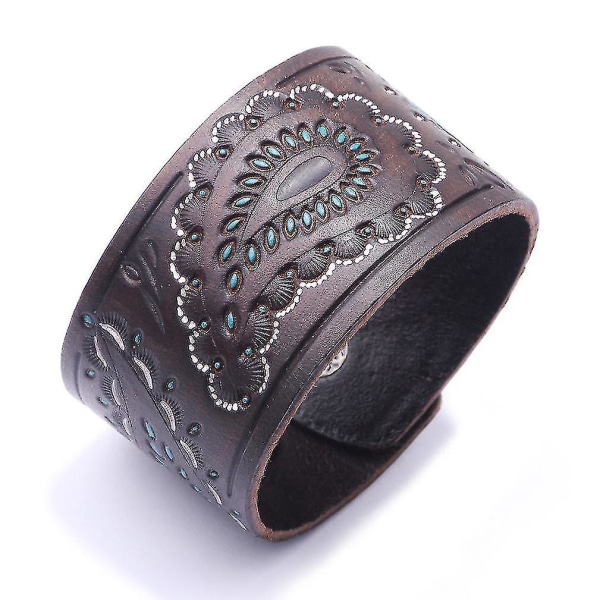 Wide Leather Punk Bracelet With Embossed Pattern