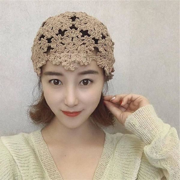 Hatt, mors dag virkad Slouchy Beanie Hat Hand Knitted Floral Summer Skull Hat Stretch Lätt Bomull Cutout Hat för Flickor och Kvinnor (Svart)