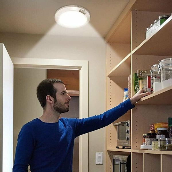 Batteridriven LED-taklampa med rörelsesensor, 6W 6500K batteridriven garderobsbelysning för skafferi, skåp, badrum, trapphus, 2-pack