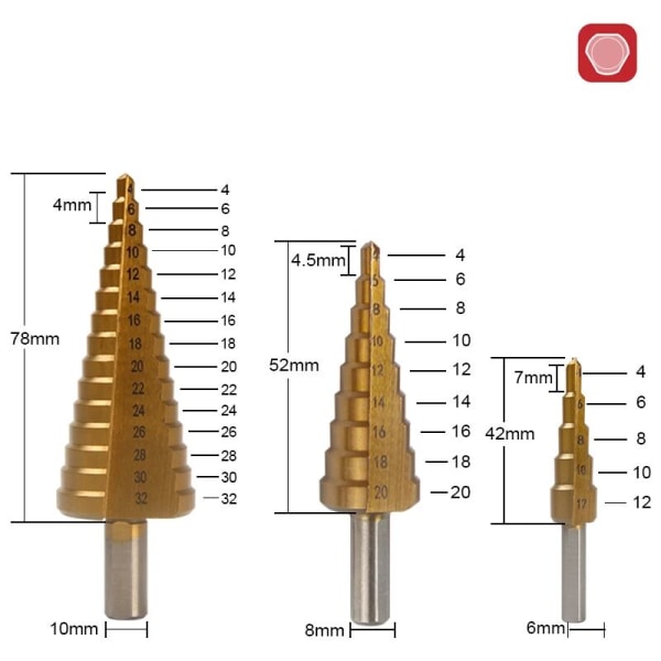 Stegad borr set, Material: HSS, för mjuk metall/fint järn/trä/plast, Metallsteg borr 6st(6st/set)