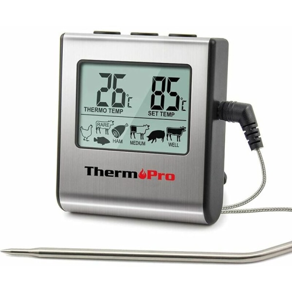 Digital kötttermometer - med timer och temperaturprob i rostfritt stål (TP16)