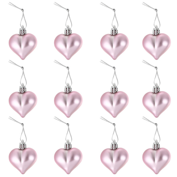 12-pack hjärtformade julgransdekorationer julgranskulor kreativa plastjulgranshängande prydnader (rosa) (4,5 cm, rosa)