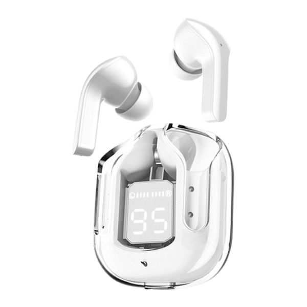 Kristallörhängen, transparent digital display trådlöst Bluetooth-headset bilateralt stereobas kopparringhögtalare med laddningsfack FAN20240914（Vit）