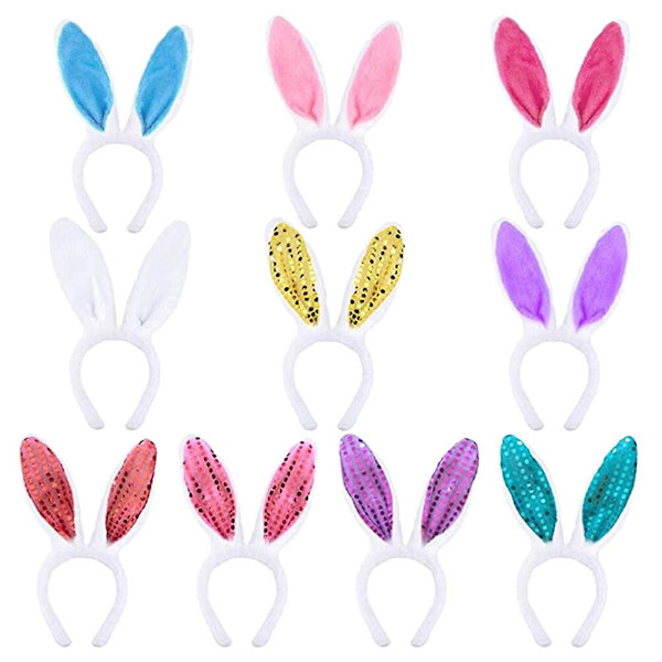 10-pack påskkaninöron pannband söt paljett plysch pannband slumpmässiga färger (30X12 cm, slumpmässiga färger)