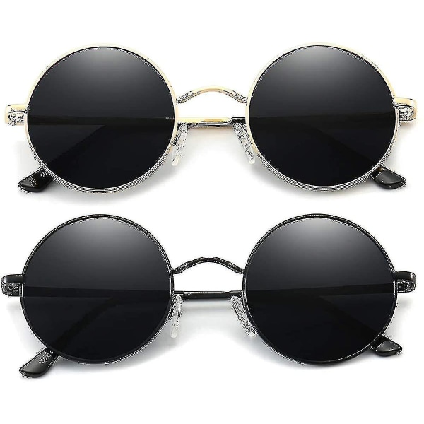 Vintage runde John Lennon polariserede solbriller til mænd Kvinder Circle Hippie Solbriller_l24（2 Pack (sort guld)）