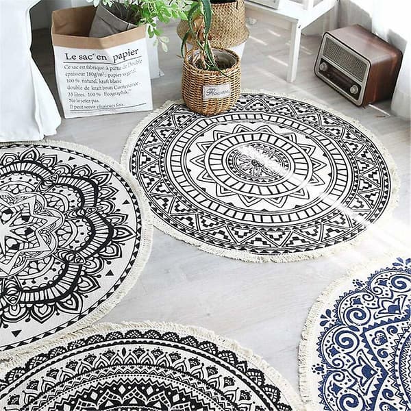 Mandala Rundt Tæppe - Bomuld - Boheme Stil - Diameter: 92cm