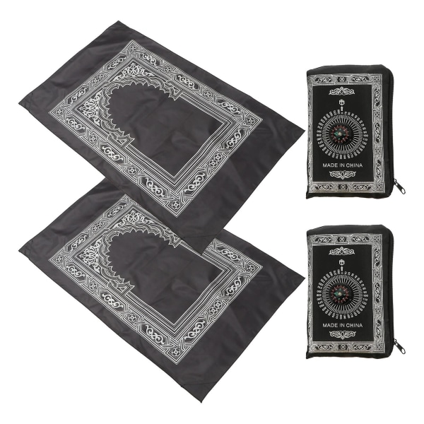 2-pak islamisk muslimsk tæppe rejsebønemåtte med kompas og bærbar opbevaringstaske (100 x 60 cm, sort)