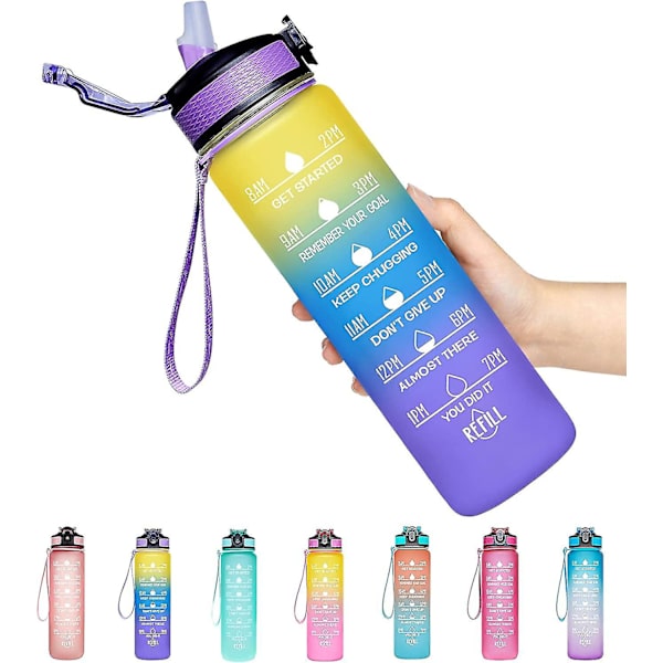 32oz läckagesäker dricksvattenflaska med tidsmarkör (Ombre gul lila)