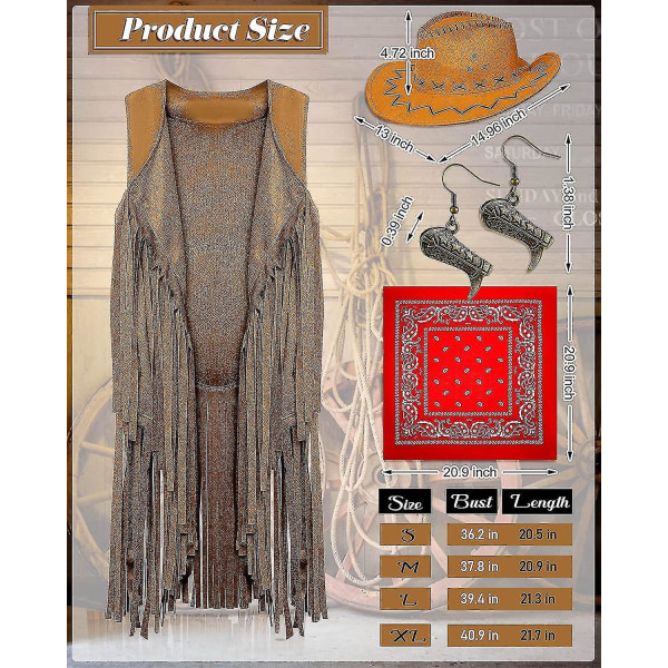 4 delar Cowgirl Outfits Set, tofsar Fringe Eveless Väst Cowboy Hat Boots Dangle Drop Örhängen Paiey Cowboy Bandana（Large）