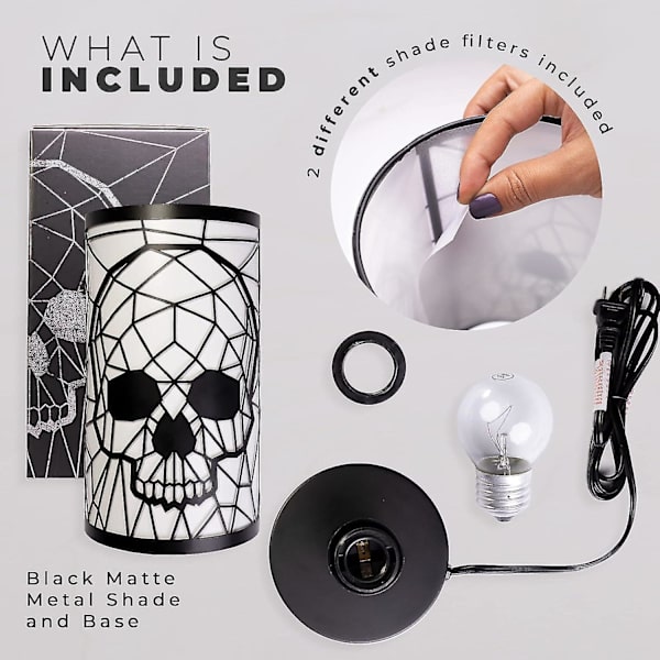 Metallisk svart hodeskallelampe - Gotisk dekor - Hodeskalledekor - Gotisk lampe - Goth romdekor - Skjelettlampe