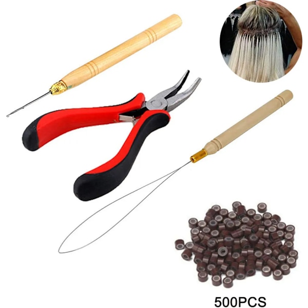 4 i 1 Salong 500st Microring Set Microringar, Loop Needle Microring Microring Nåltång Verktygsset för Hårförlängning Tillbehör