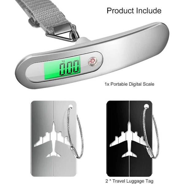 Elektronisk bagagevåg, silver bärbar digitalvåg och 2 bagageetiketter