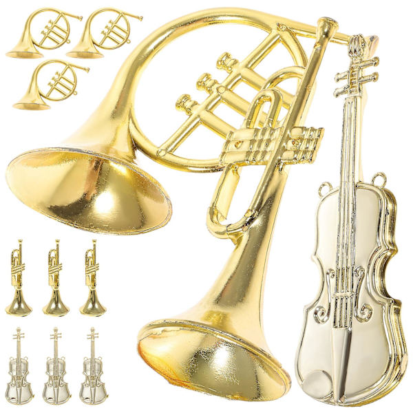 12-pak Hjemmeindretning Model Violin Jule Strømpe Stuffers Børn Miniature Fransk Horn Lille Violin (15X5cm, Guld)